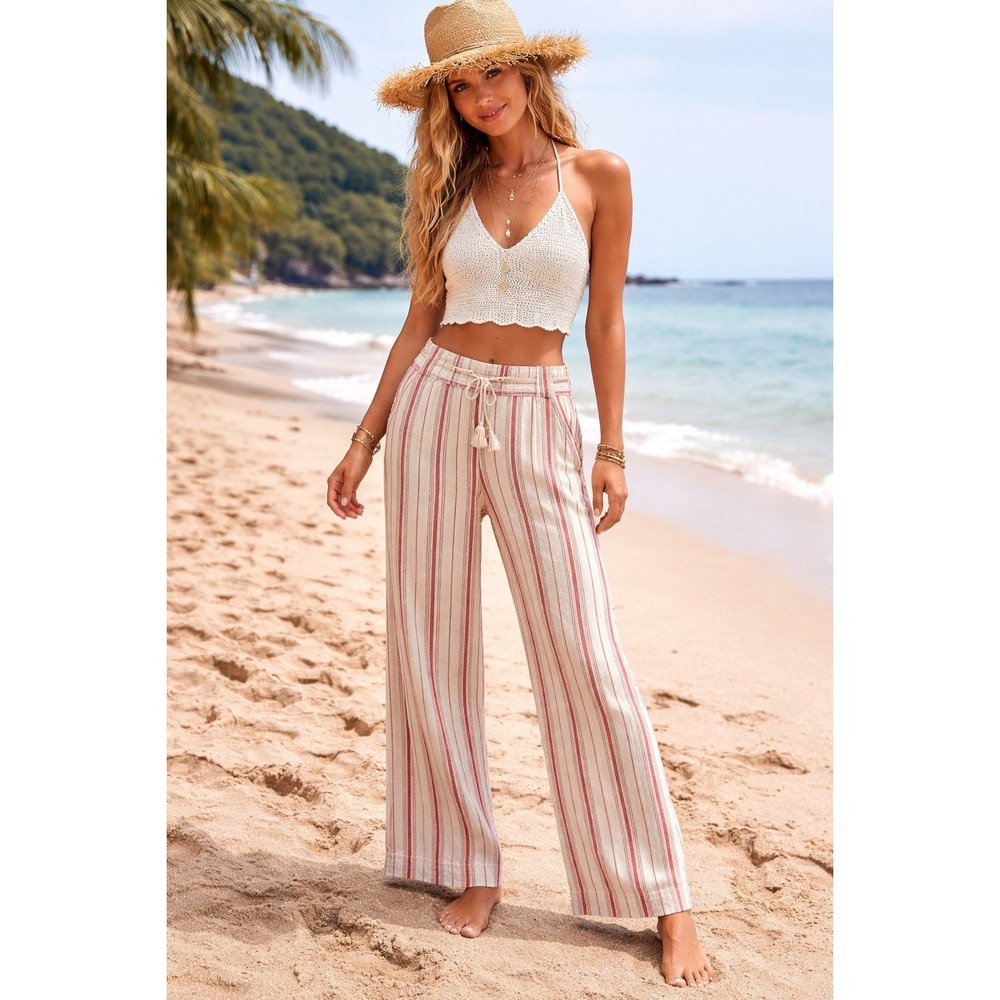 Jolt Linen Blend Red White Stripe Wide Leg Women Pants Sz M Coastal Bohemian